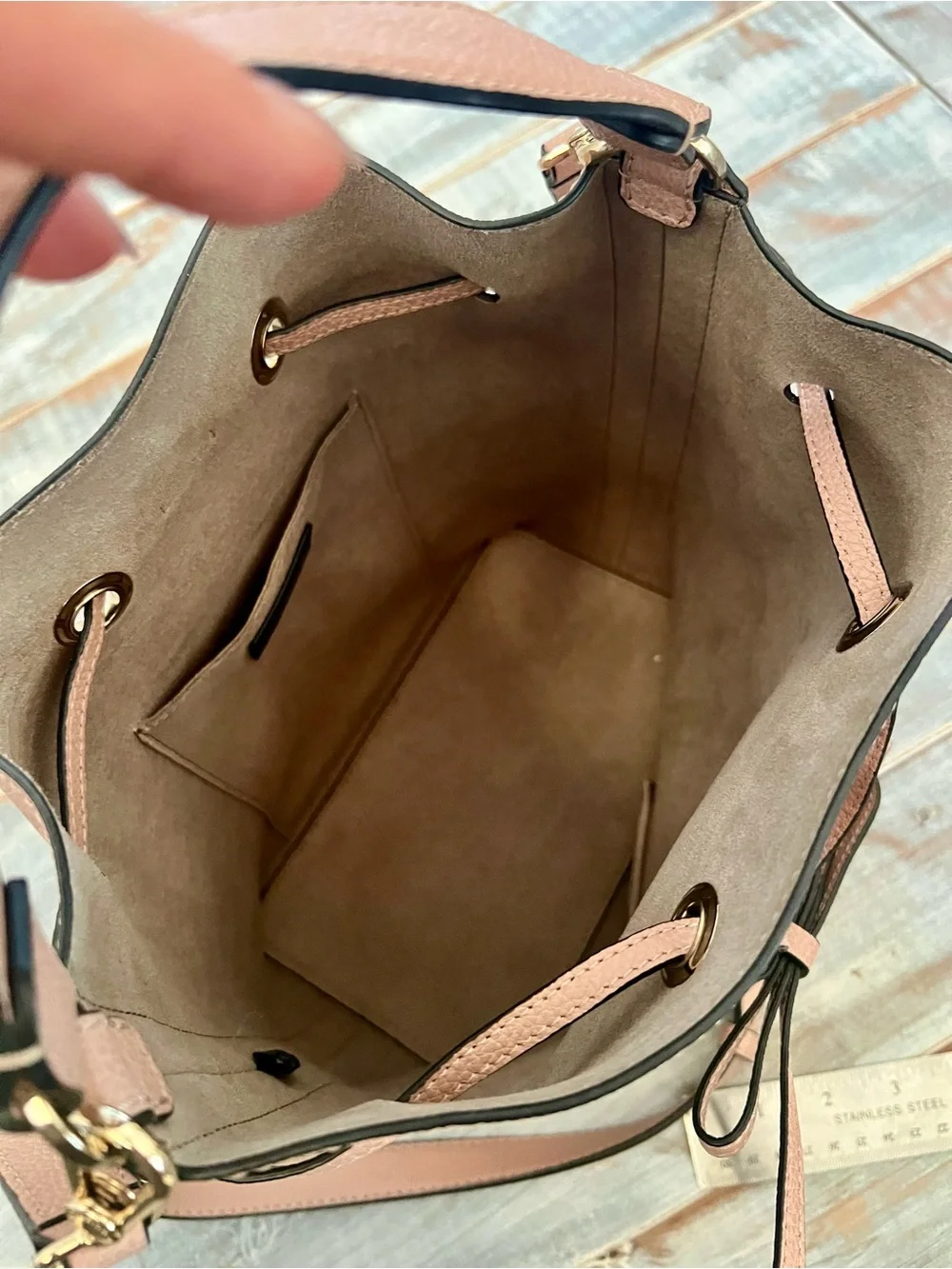 Furla Genuine Leather Drawstring Bucket Bag – Blush Pink Crossbody & Top Handle